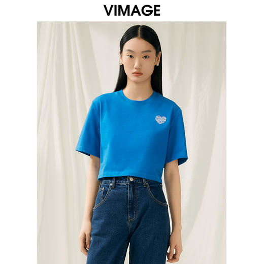 VIMAGE纬漫纪夏季新款时尚百搭打底舒适圆领印花短款T恤女V1902502 商品图1