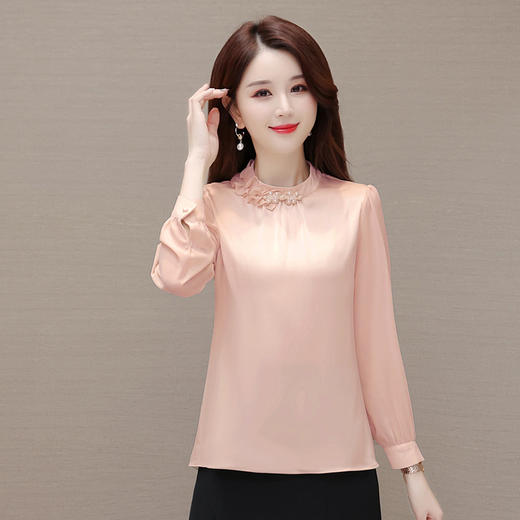 短款木耳边圆领通勤修身时尚简约气质雪纺衫QYM- 商品图0