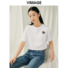 VIMAGE纬漫纪夏季新款时尚百搭打底舒适圆领印花短款T恤女V1902502