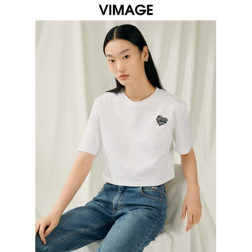 VIMAGE纬漫纪夏季新款时尚百搭打底舒适圆领印花短款T恤女V1902502 商品图0