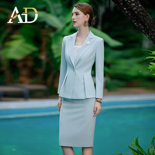 AD教师职业装女套装2023春季新款韩版修身小西服外套水蓝色正装裤 商品图1