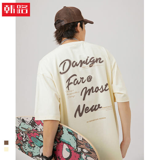 「两款配色！美式复古T恤」韩路日系男装 美式复古纯棉男春夏高街设计感背后字母印花短袖上衣 商品图0