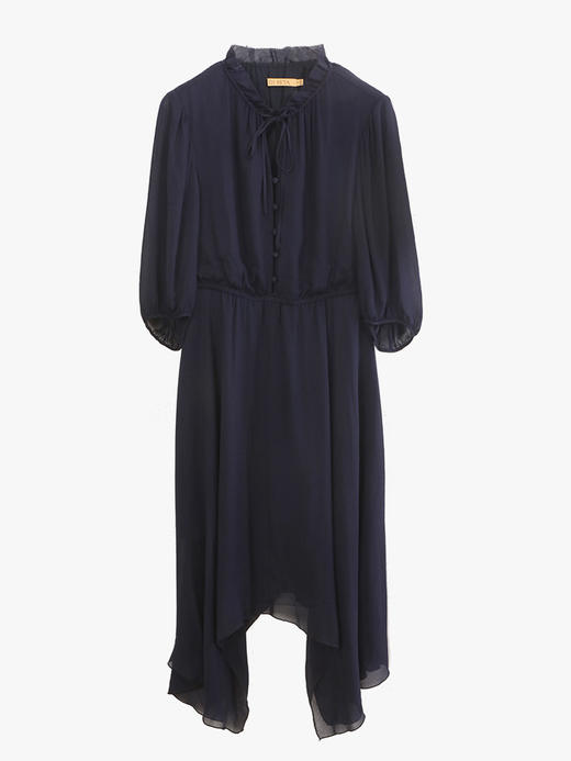 玳莎法式不规则设计感连衣裙2023春秋新款优雅系带圆领中长款裙子  DA35202 商品图4