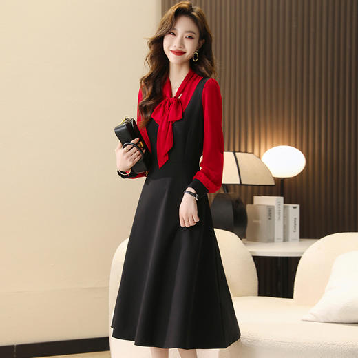 大码女装新款时尚拼接中长款假两件收腰显瘦蝴蝶结连衣裙 商品图2