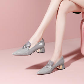 法式粗跟流苏单鞋，通勤拼色中高跟鞋YSML-A056-K733