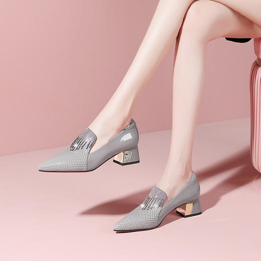 法式粗跟流苏单鞋，通勤拼色中高跟鞋YSML-A056-K733 商品图0