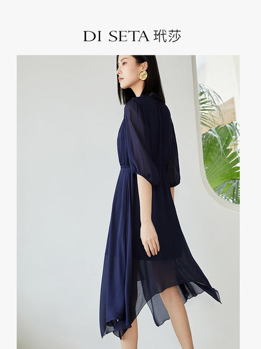 玳莎法式不规则设计感连衣裙2023春秋新款优雅系带圆领中长款裙子  DA35202 商品图2