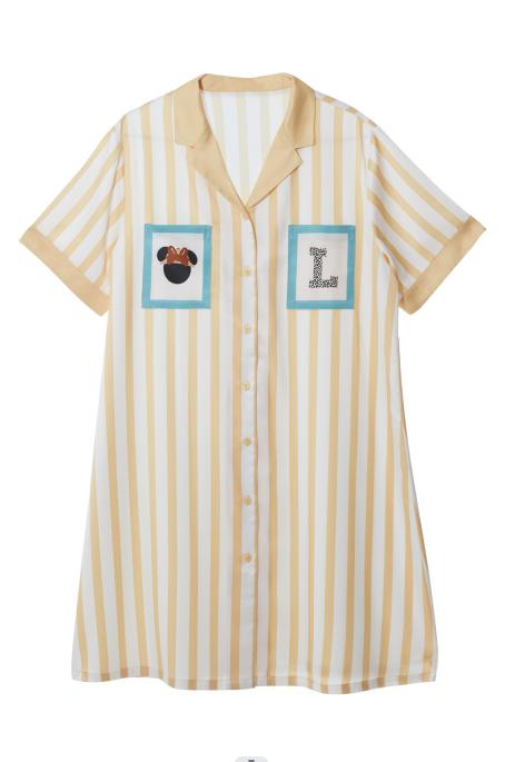 【满2件/99元】【秀黛】女翻领条纹印花丝质短袖裙女士夏季睡裙H2551077T【专柜同款】【如遇缺货自动退款，介意勿拍】 商品图1