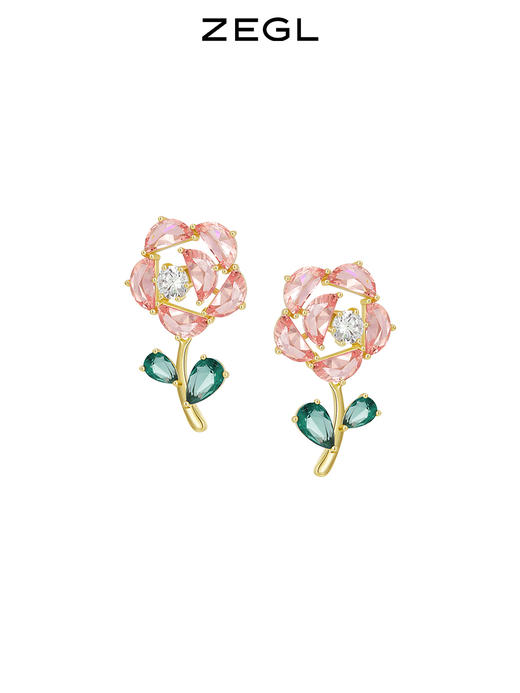 ZEGL粉色玫瑰花耳环女小众设计感高级森系耳钉925银针春夏耳饰品 商品图3