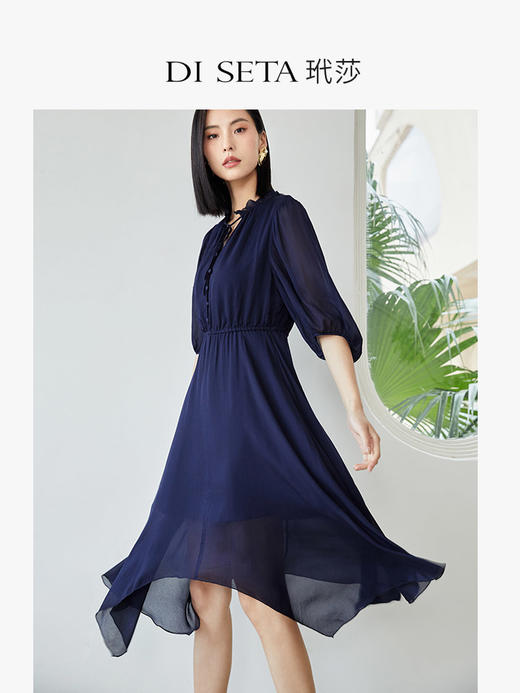 玳莎法式不规则设计感连衣裙2023春秋新款优雅系带圆领中长款裙子  DA35202 商品图1
