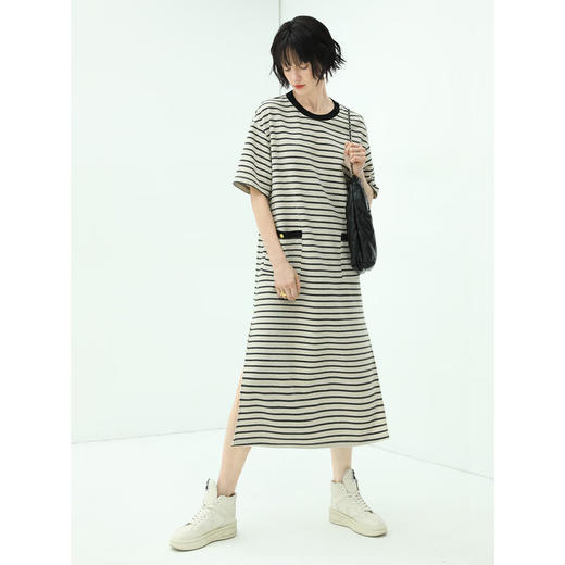 COCOBELLA简约撞色条纹针织连衣裙女宽松休闲POLO长裙FR159B 商品图1