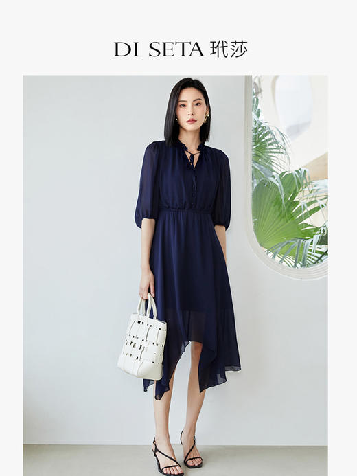 玳莎法式不规则设计感连衣裙2023春秋新款优雅系带圆领中长款裙子  DA35202 商品图0