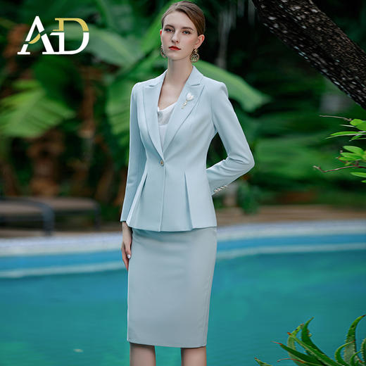 AD教师职业装女套装2023春季新款韩版修身小西服外套水蓝色正装裤 商品图6
