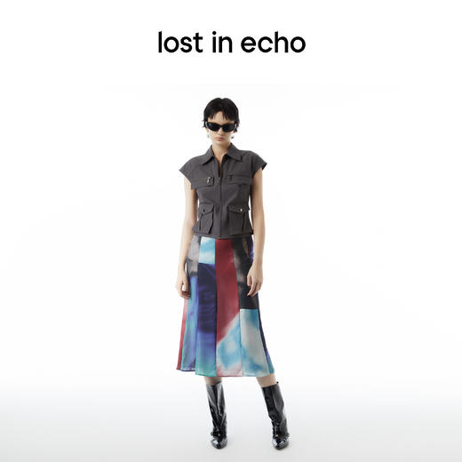 lost in echo设计师品牌多口袋插肩袖落肩工装马甲印花修身直筒半裙套装 商品图4
