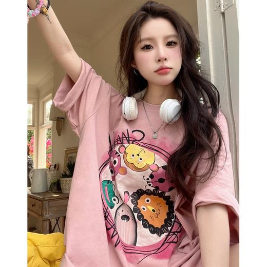 【潮流百搭 宽松时尚！】甜甜卡通印花粉色短袖T恤女ins 潮夏季半袖体恤 休闲宽松慵懒风百搭上衣 商品图0