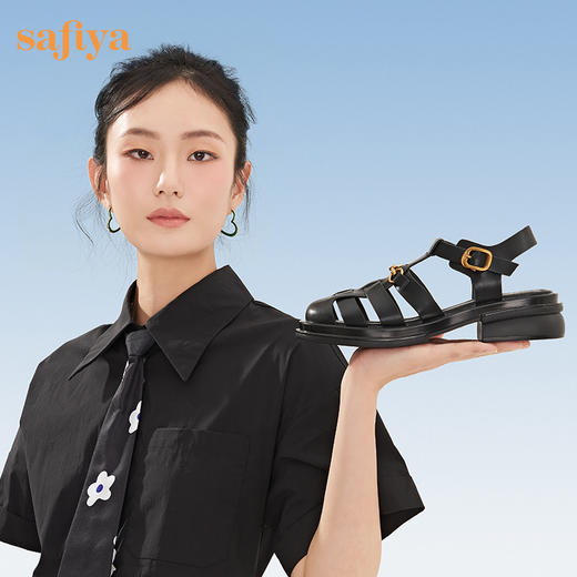 Safiya/索菲娅 2023夏季复古马衔扣镂空罗马编织包头厚底凉鞋 SF32115012 商品图4