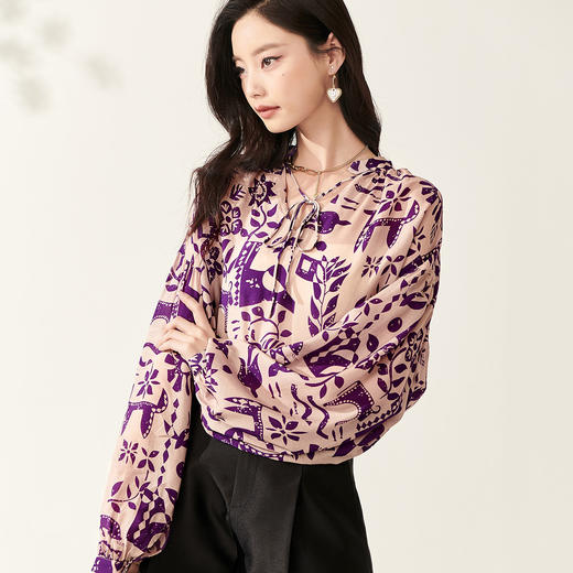 剩S/M/L/XL 芳外【显白印花轻薄小衫】2024春季新款宽松灯笼袖女式衬衫 商品图3