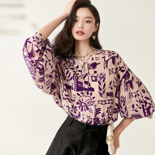 剩S/M/L/XL 芳外【显白印花轻薄小衫】2024春季新款宽松灯笼袖女式衬衫 商品图0