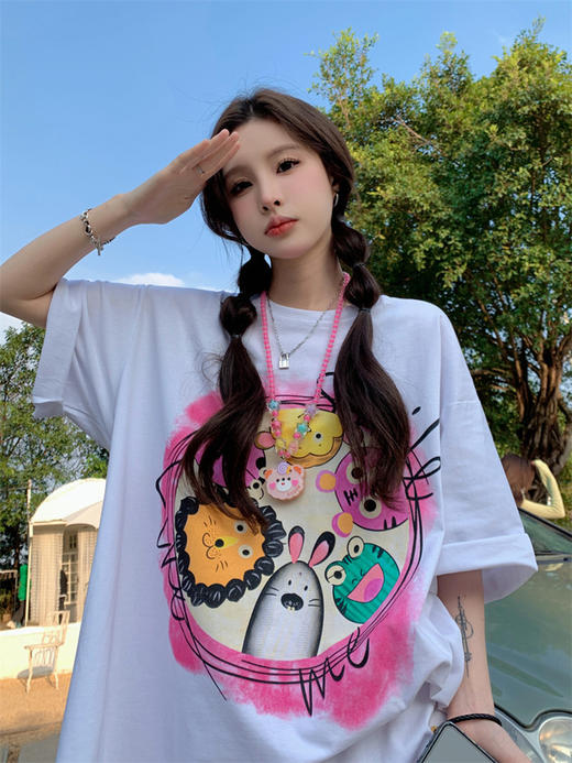 【潮流百搭 宽松时尚！】甜甜卡通印花粉色短袖T恤女ins 潮夏季半袖体恤 休闲宽松慵懒风百搭上衣 商品图2