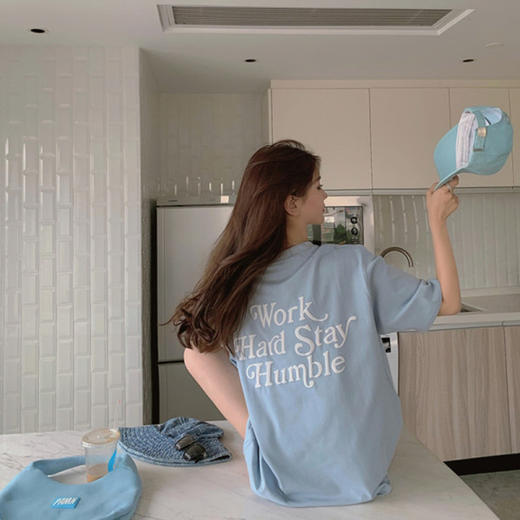 【时尚百搭 】天蓝色短袖T恤女 2023夏季新款 宽松原宿风休闲 下衣失踪宽松ins字母仙系洋气 宽松女夏季学生上衣潮 网红ns超火 商品图1