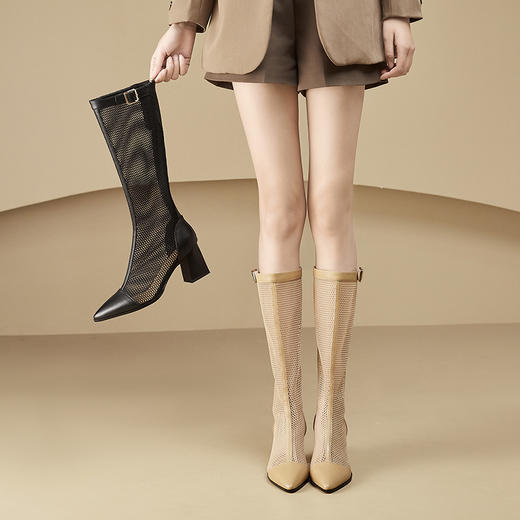 靴子女显瘦季长靴，粗跟网靴尖头透气网纱高筒凉靴长筒凉鞋CZ-C427 商品图0