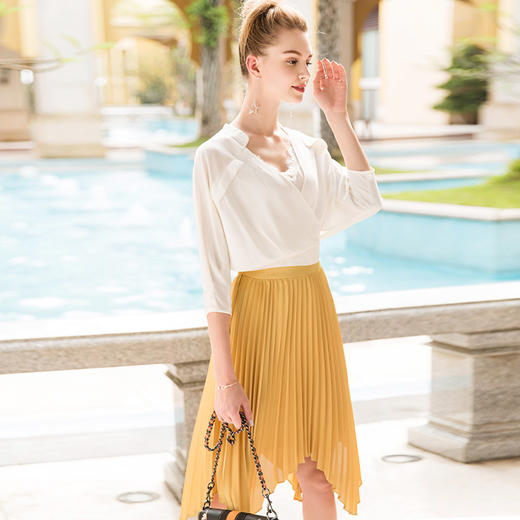 欧芮儿2017显瘦纯色个性高腰不规则半身裙中长款女 商品图0