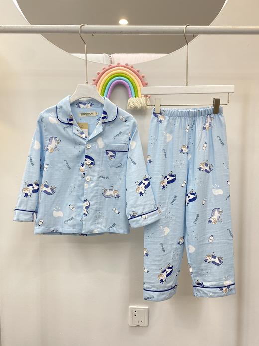 男童纱布可爱牛牛长袖套装 儿童全棉纱布睡衣家居服 商品图0