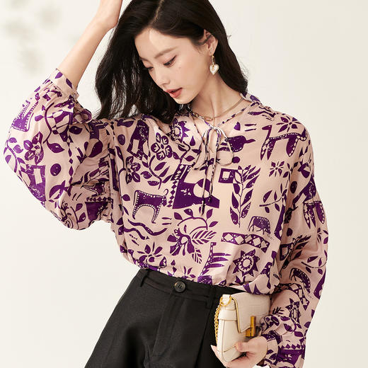 剩S/M/L/XL 芳外【显白印花轻薄小衫】2024春季新款宽松灯笼袖女式衬衫 商品图5