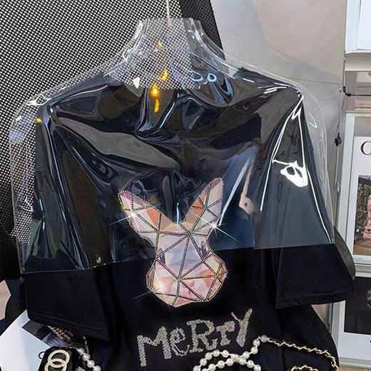 2023年新款网红ins超火 潮牌大码女装闪闪兔子印花纯棉上衣女春夏季新款重工烫钻短袖T恤夏季学生上衣潮 商品图2