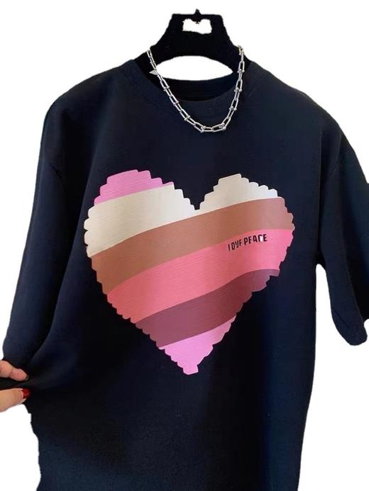 2023春夏新款纯棉大码 洋气彩色爱心短袖T恤 上衣女宽松 休闲潮牌 宽松女夏季学生上衣潮 商品图4