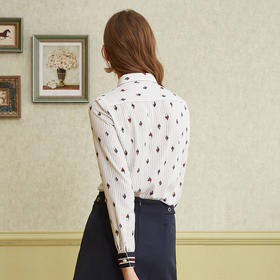 欧芮儿2018秋装新款显瘦图案印花方领衬衣女打底条纹衬衫女长袖