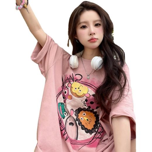 【潮流百搭 宽松时尚！】甜甜卡通印花粉色短袖T恤女ins 潮夏季半袖体恤 休闲宽松慵懒风百搭上衣 商品图4