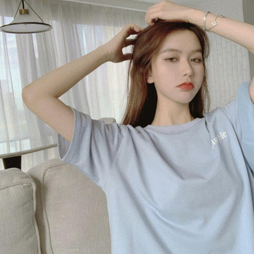 【时尚百搭 】天蓝色短袖T恤女 2023夏季新款 宽松原宿风休闲 下衣失踪宽松ins字母仙系洋气 宽松女夏季学生上衣潮 网红ns超火 商品图3