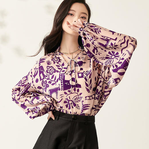 剩S/M/L/XL 芳外【显白印花轻薄小衫】2024春季新款宽松灯笼袖女式衬衫 商品图6