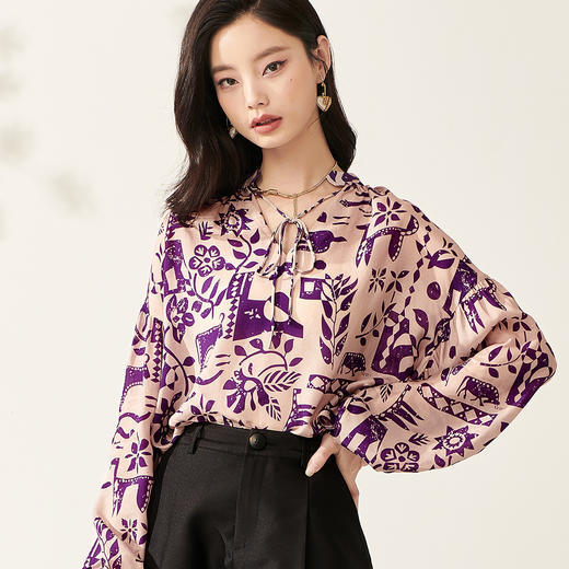 剩S/M/L/XL 芳外【显白印花轻薄小衫】2024春季新款宽松灯笼袖女式衬衫 商品图1