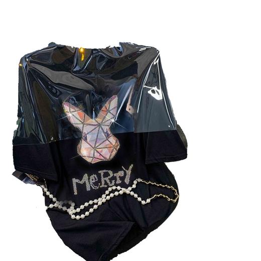 2023年新款网红ins超火 潮牌大码女装闪闪兔子印花纯棉上衣女春夏季新款重工烫钻短袖T恤夏季学生上衣潮 商品图4