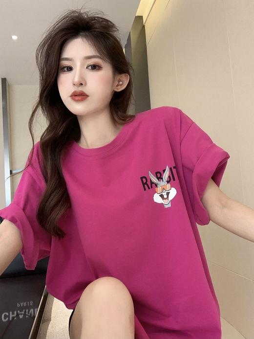 火龙果色纯棉t恤【甜妹风纯欲】女夏季中长款宽松大版 兔子上衣玫红下身失踪半袖 超火短款学生上衣 商品图2