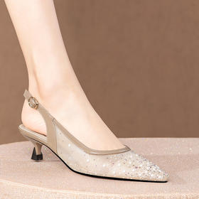 优雅百搭，牛漆皮+网纱尖头镶钻后空凉鞋HY-H3108