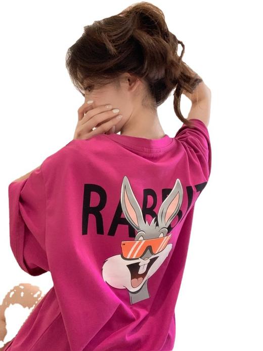 火龙果色纯棉t恤【甜妹风纯欲】女夏季中长款宽松大版 兔子上衣玫红下身失踪半袖 超火短款学生上衣 商品图4