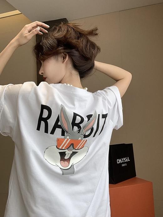 火龙果色纯棉t恤【甜妹风纯欲】女夏季中长款宽松大版 兔子上衣玫红下身失踪半袖 超火短款学生上衣 商品图3