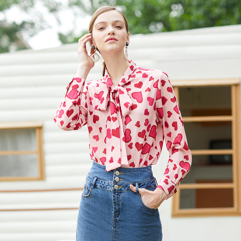 欧芮儿衬衣女2019新款韩范设计感长袖衬衫蝴蝶结印花甜美上衣学生