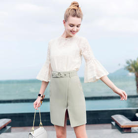 欧芮儿2017春装新款简约显瘦小A字裙收腰系带百搭纯色开叉半身裙