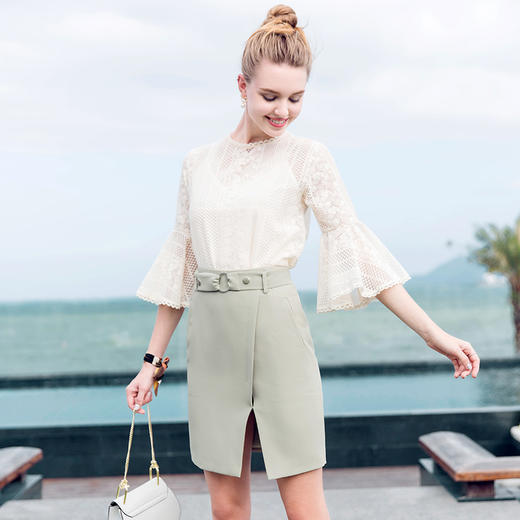 欧芮儿2017春装新款简约显瘦小A字裙收腰系带百搭纯色开叉半身裙 商品图0