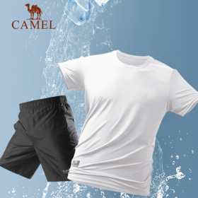 骆驼户外运动套装男女冰丝凉感速干短袖高弹跑步短裤健身服两件套 8B302142_8B302143