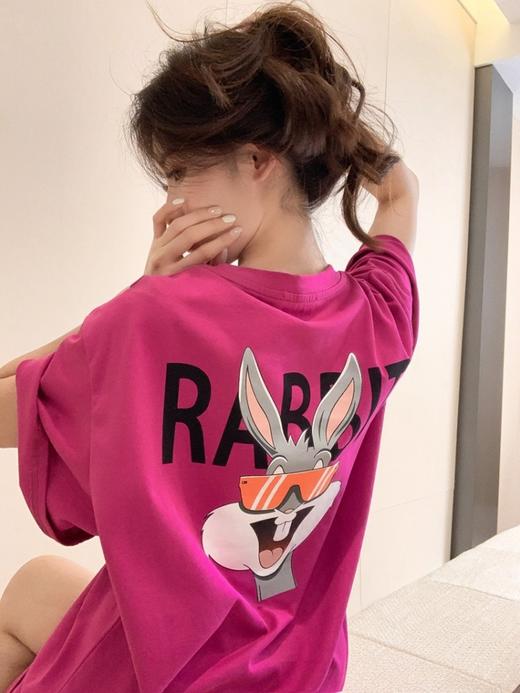 火龙果色纯棉t恤【甜妹风纯欲】女夏季中长款宽松大版 兔子上衣玫红下身失踪半袖 超火短款学生上衣 商品图0