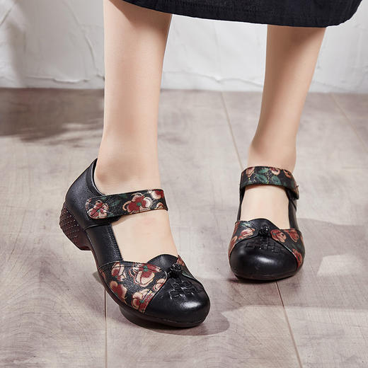 XL2033 2023民族风真皮女鞋复古编织妈妈鞋中老年四季单鞋粗跟舒适女皮鞋 商品图3