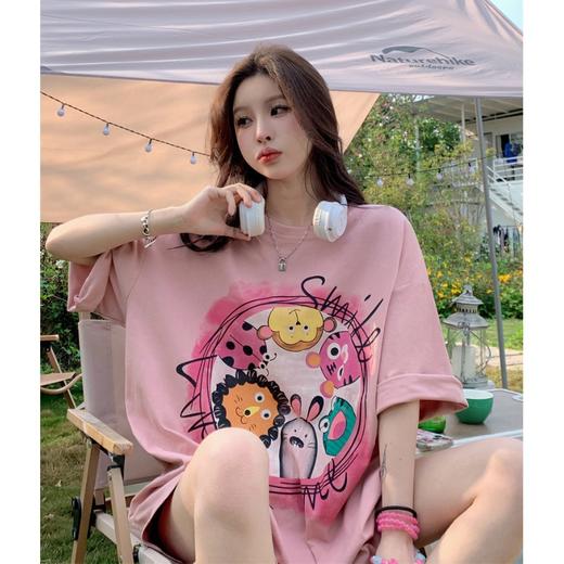 【潮流百搭 宽松时尚！】甜甜卡通印花粉色短袖T恤女ins 潮夏季半袖体恤 休闲宽松慵懒风百搭上衣 商品图3