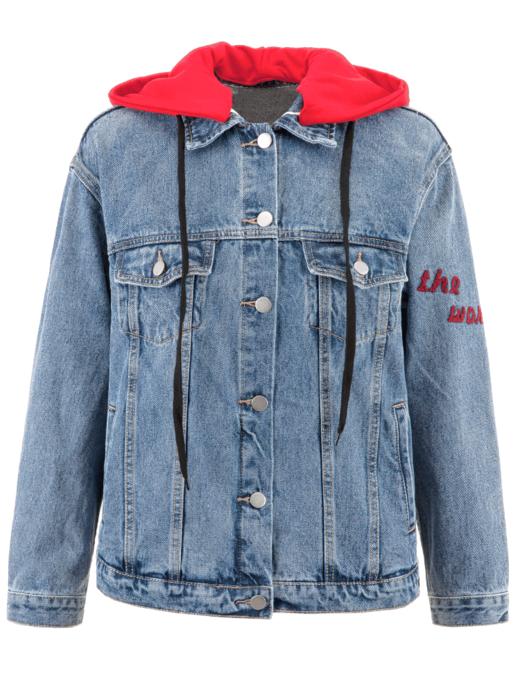 欧芮儿秋装2019款女装牛仔外套刺绣字母连帽街头风蓝色印花短外套 商品图3