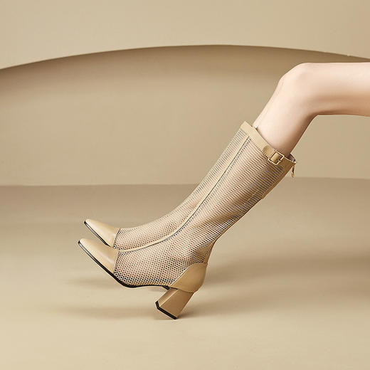 靴子女显瘦季长靴，粗跟网靴尖头透气网纱高筒凉靴长筒凉鞋CZ-C427 商品图2