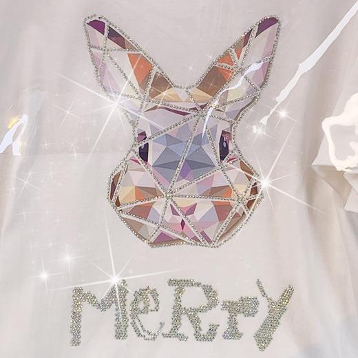 2023年新款网红ins超火 潮牌大码女装闪闪兔子印花纯棉上衣女春夏季新款重工烫钻短袖T恤夏季学生上衣潮 商品图3